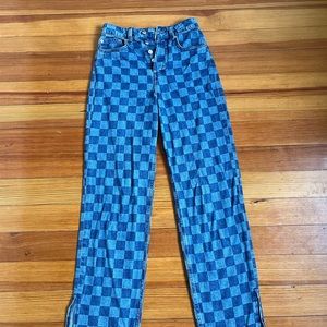 H&M Checkered Straight Wide Leg Jeans Medium Wash Size 0